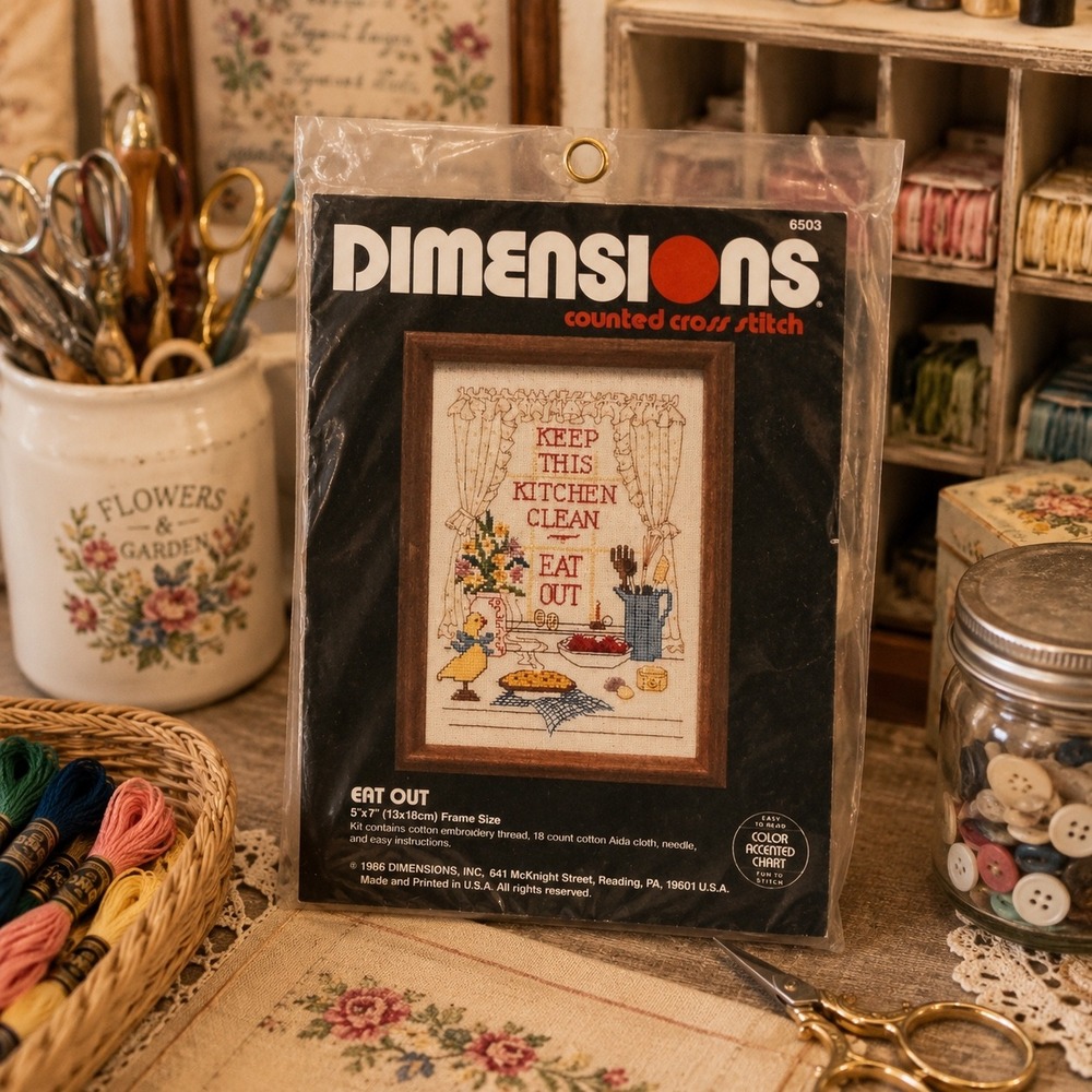 Vintage Dimensions Counted Cross Stitch Kit Keep This Kitchen Clean Eat Out NEW